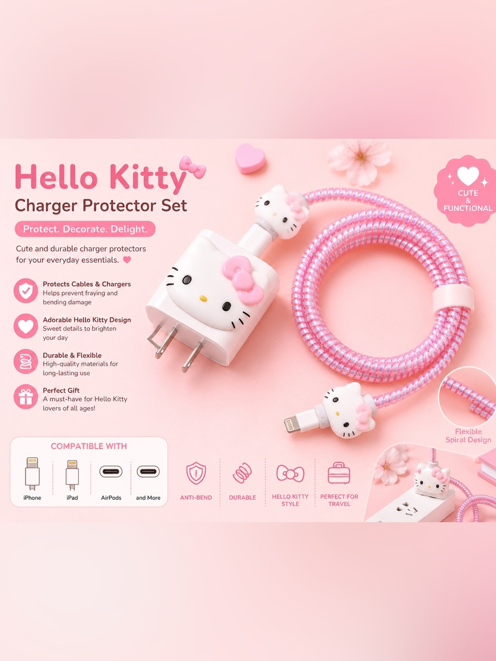 Hello Kitty Pink Cable and Plug Charger Protector Set